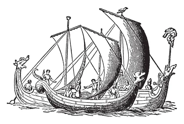 Navires Anglo Saxons Avec Vent Dans Les Voiles Chacun Avec — Image vectorielle