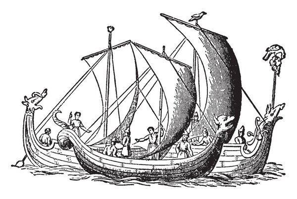 Anglo Saxon Ships with Wind in the Sails each with wind filling the lone sail, vintage line drawing or engraving illustration.