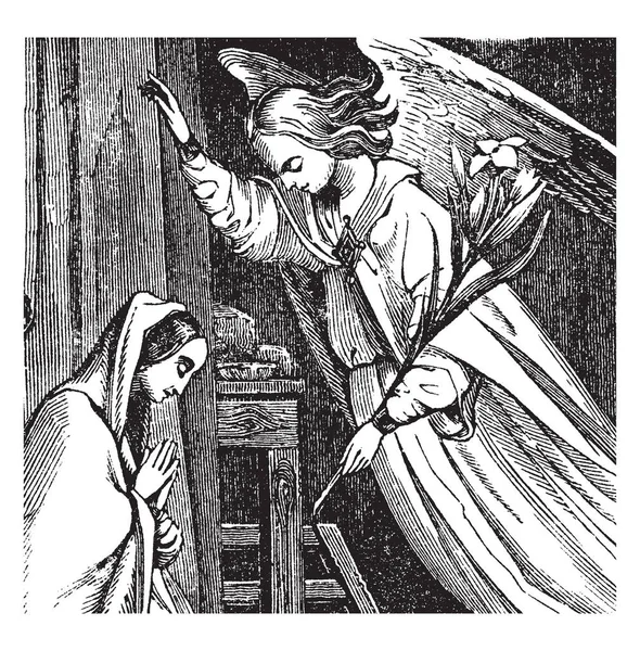 Ангел Являється Будуть Про Народження Ісуса Марії Будинок Vintage Штриховий — стоковий вектор