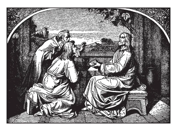 Иллюстрация Иисуса Сидящего Столом Двумя Сторонниками Дает Немного Хлеба Изумлением — стоковый вектор
