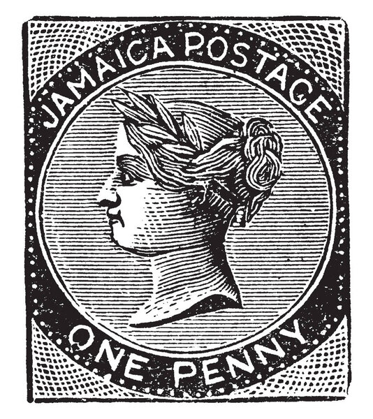 Jamaica One Penny Stamp from 1858 to 1863 which are among the most scarce and rare, vintage line drawing or engraving illustration.