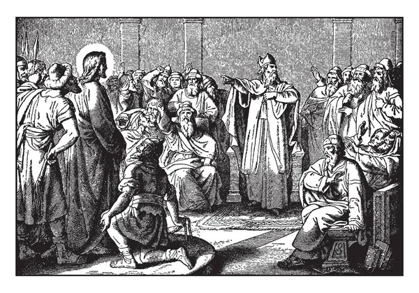 Sebuah Foto Memperlihatkan Yesus Sedang Diadili Depan Imam Besar Dan - Stok Vektor