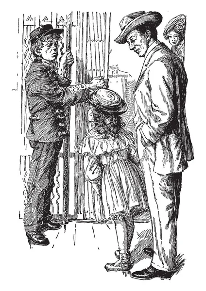一个带着小女孩和电梯里的行李员谈话的男人 老式的线条画或雕刻插图 — 图库矢量图片