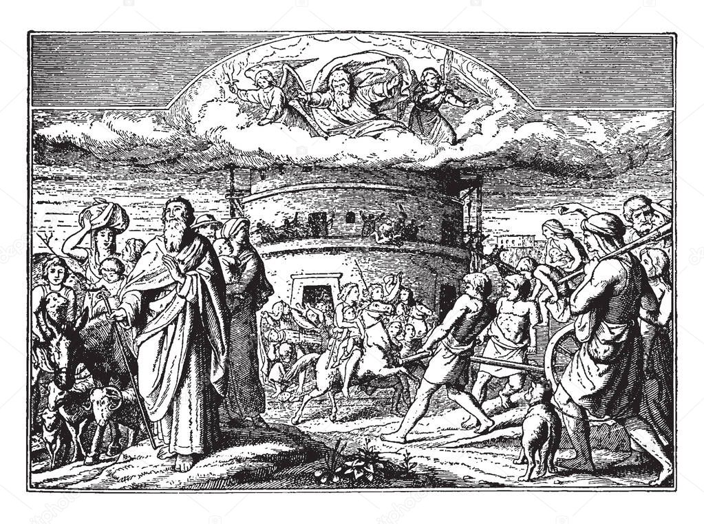 In this frame a natural disaster has caused people much trouble in the city, their family animals have taken their belongings and angels are guiding them from the sky. So that they do not get bothered, vintage line drawing or engraving illustration.