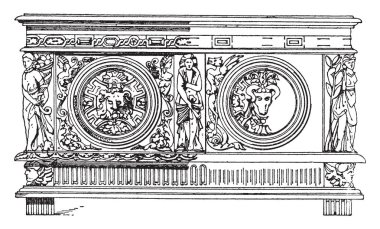 Rönesans göğüs mücevher depolamak için kullanılan stand ile büyük kutu, duvarlar göğüs güzel oymalar, vintage çizgi çizme veya oyma resimde var