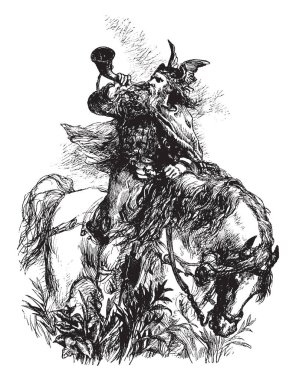 Adam at sürme sırasında bir boynuz üfleme. O kanatlı kask giyiyor ve Viking, vintage çizgi çizme veya oyma illüstrasyon karikatür giyinmiş.