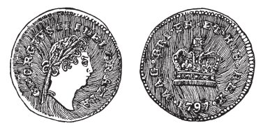 Yedi Şilini Gine, vintage çizgi çizme veya oyma illüstrasyon üçüncü parçası olmak parça İngiltere.