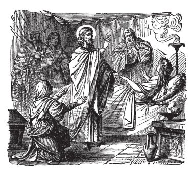 Bir deve tüyü Granat giyen ve bir fincan tutan Baptist John örnektir. Bir çapraz zar zor gölge illüstrasyon, vintage çizgi çizme veya oyma resimde sol tarafında görülebilir.