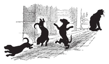 Kedi ve köpekler dans aşağı koridorda ve onun buharı ve damla düşen, satış, vintage çizgi çizme veya oyma illüstrasyon için şüpheli geçmişleri var.