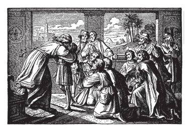 Bir adam önünde bir çocuk onu dizlerinin üstünde döşeme bazı kişinin hugs ve bazı ayaktadır. Palmiye ağaçları ve binalar mevcut, vintage çizgi çizme veya oyma illüstrasyon iki büyük açık pencereler, bir piramit, deve vardır.