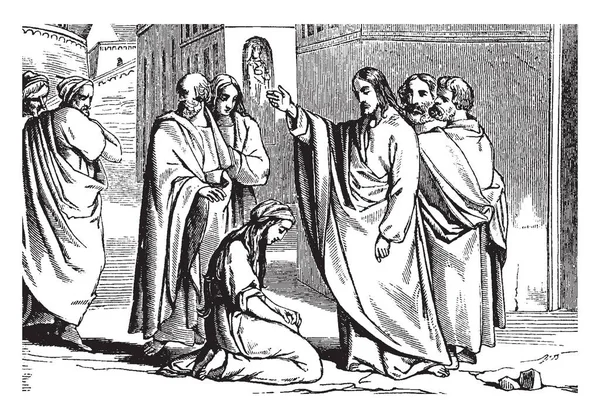 姦淫の現場で女性をキャッチ 彼らは法律に従って彼女を罰するためにイエスに尋ねたが イエスは その人は罪 ビンテージの線描画や彫刻イラストが無い女性で最初の石をキャスト — ストックベクタ