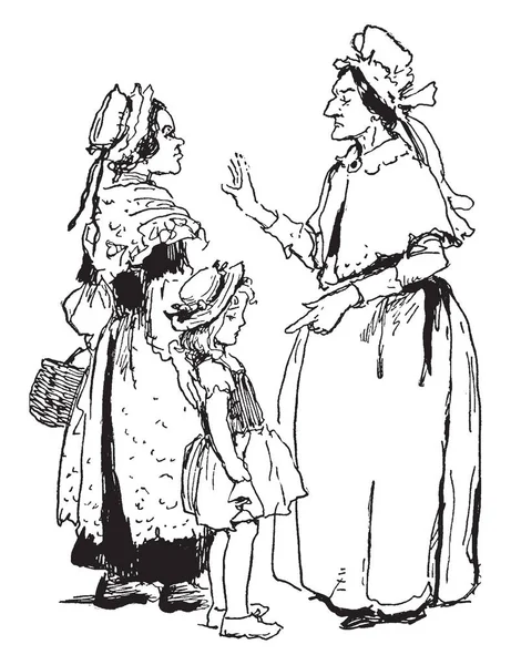 Küçük Kız Onları Vintage Çizgi Çizme Önünde Ayakta Veya Illüstrasyon — Stok Vektör