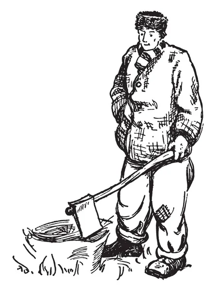 拿斧头砍树桩的人 老式的线条画或雕刻插图 — 图库矢量图片