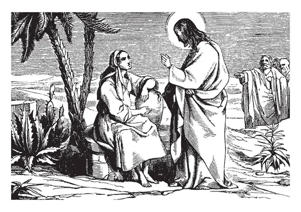イエスは女性に話しています 女性は 彼女と鍋を運んでいる ビンテージ ライン図面または彫刻のイラスト — ストックベクタ