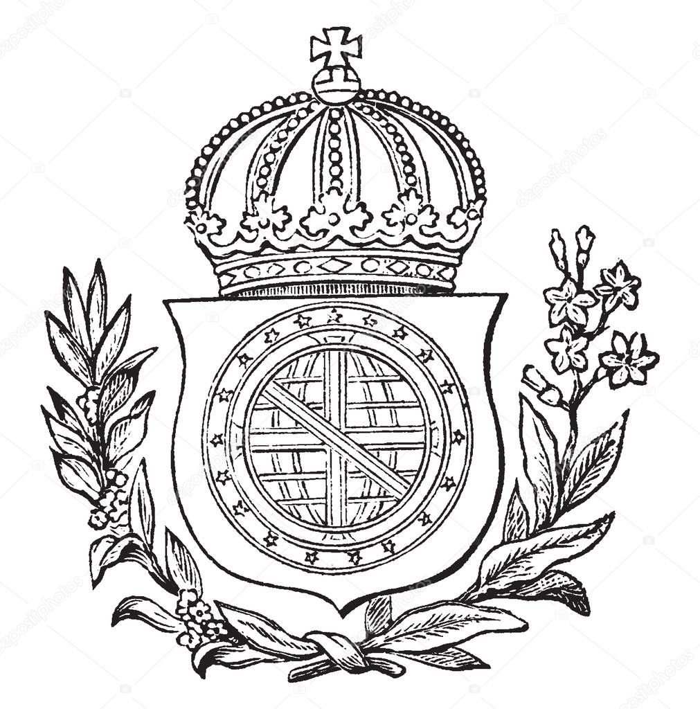 The Great Seal of Brazil is a South American coat of arms, vintage line drawing or engraving illustration.