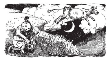 Keman çalmaya ve çiçekler ve ay, vintage çizgi çizme veya oyma illüstrasyon üzerinden atlama bir inek yakın oturan bir kedi