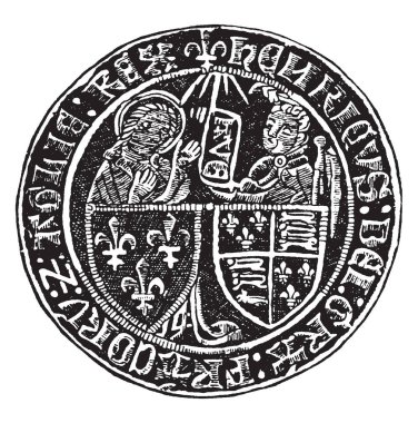 Selam altın madalyonun ön yüzde Charles VI Fransa'nın ve Henry V, vintage çizgi çizme veya oyma illüstrasyon tarafından verilmiş.