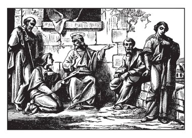 Bir gencin vaaz, vintage çizgi çizme veya illüstrasyon oyma İsa'ya dinlerken düşünceli dikkate bir tutum benimser.