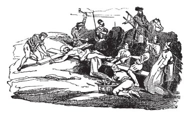 İsa'nın Haç, vintage çizgi çizme veya oyma illüstrasyon çivileme erkekler.