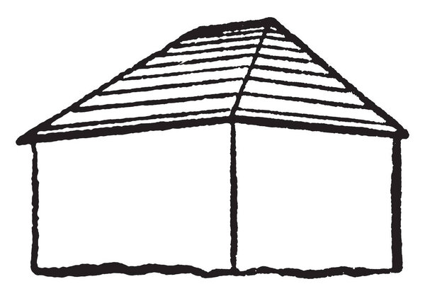 Hip Style Roof Type is where all sides slope downwards to the walls, shaped like a pyramid, two triangular sides and two trapezoidal ones, vintage line drawing or engraving illustration.