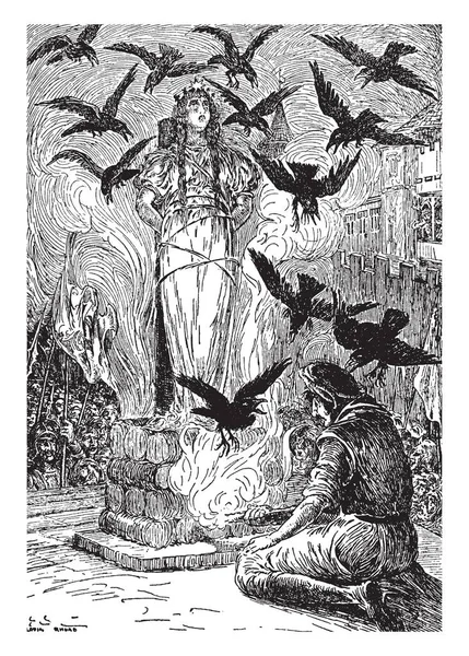 Женщина Звездой Лбу Привязанной Веревкой Над Огнем Летающими Вокруг Птицами — стоковый вектор
