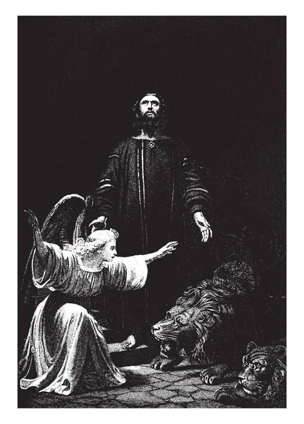 Μια Αρχαία Εικόνα Του Ντάνιελ Στέκεται Στο Den Λιονταριών Ενώ — Διανυσματικό Αρχείο