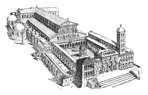 ピエトロ大聖堂 イタリアのルネサンス教会 教皇の飛び地 ローマ キリスト教 ビンテージの線描画や彫刻イラストのすべての教会の最大 — ストックベクタ
