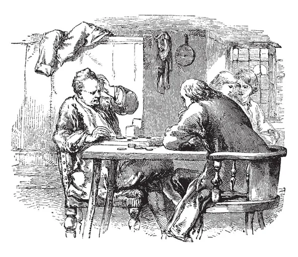 在这张照片里有两个人坐在桌边玩游戏 还有两个女人在聊天 复古线画或雕刻插图 — 图库矢量图片