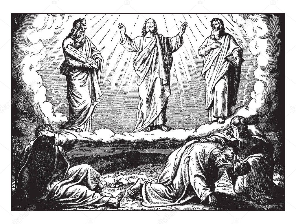Christ's appearance in radiant glory to His disciples and His disciples has closed their eyes because they cannot bear His shine, vintage line drawing or engraving illustration.