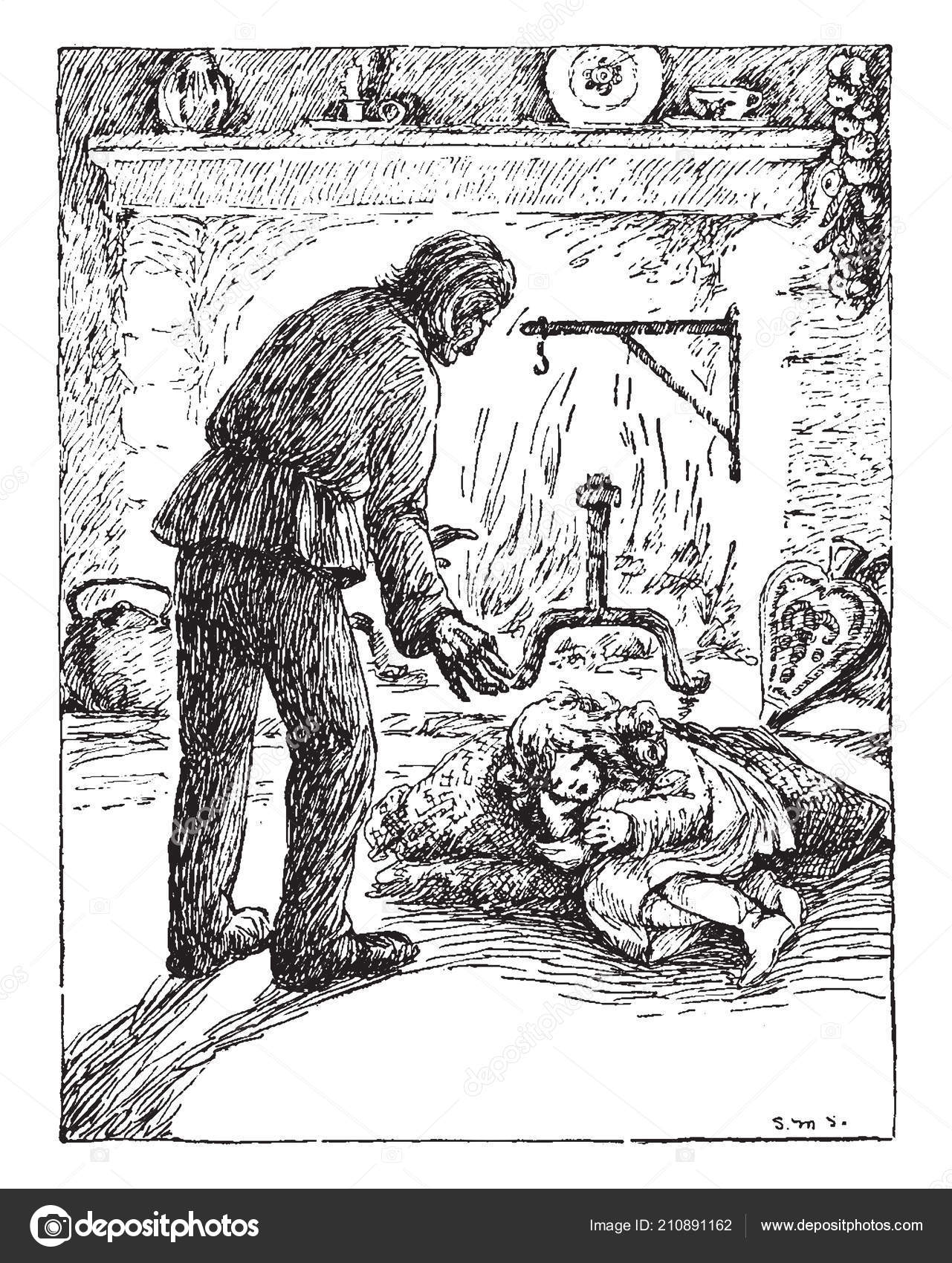 Little Girl Sleeping Fireplace Man Standing Her Looking Her