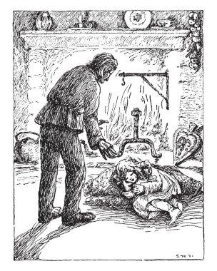 Şömine, onun yanında duran ve ona bakarken bir adam uyuyan küçük bir kız, vintage satır çizim veya gravür illüstrasyon