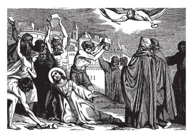 Bu resimde Stephen taşlanarak gösterir. Bir melek ona uçuyor. O cennete benziyor. Birkaç adam taş onların el, vintage çizgi çizme veya oyma illüstrasyon tutun.