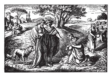 Bu resimde Ruth karşılayan Boaz süre Gleaning alanları, vintage çizgi çizme veya oyma illüstrasyon temsil eder.