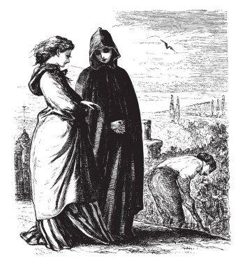 Başka bir kadınla, vintage çizgi çizme konuşurken veya illüstrasyon oyma siyah elbiseli bir kadın