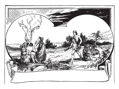 Cain and Abel Make Offerings to the Lord, this scene shows a man kneeling down and praying in front of fire, and another man coming towards him and carrying wooden club, vintage line drawing or engraving illustration