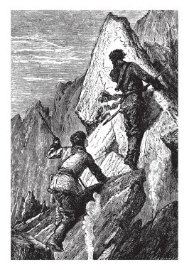 Tırmanma dağ, vintage çizgi çizme veya illüstrasyon oyma sopa ile iki adam