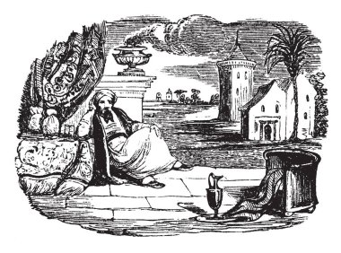 Zengin biriyle eğilerek pahalı yastık ve nevresimler üzerinde görülmektedir. Pahalı elbiseler giymiş. Sandalye ve sürahi yakın görülür ve daha büyük vazo, vintage çizgi çizme veya oyma illüstrasyon Tütsü yanıyor.