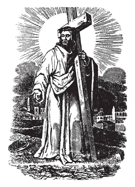 Ісус Проведення Його Хреста Vintage Штриховий Малюнок Або Ілюстрація Гравіювання — стоковий вектор