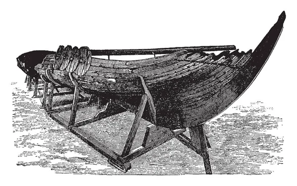 木製のフレームにバイキング船 Gokstad Prow のままが発生して船はスウェーデン ビンテージの線描画や彫刻イラストの古墳で発見されました — ストックベクタ