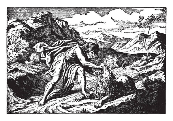 Samson tearing the jaw of a lion that he is killing. He is wearing a robe and a cape. He has long hair and a thick beard. The lion seems still alive. The terrain is rocky with some foliage, vintage line drawing or engraving illustration.