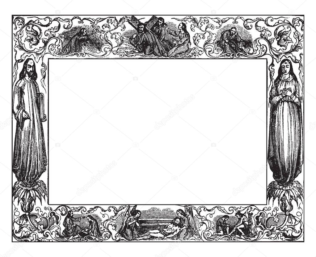 Border Illustrating the Passion of Christ including carrying the cross, The Blessed Virgin Mary is standing on the right side of the border, vintage line drawing or engraving illustration.