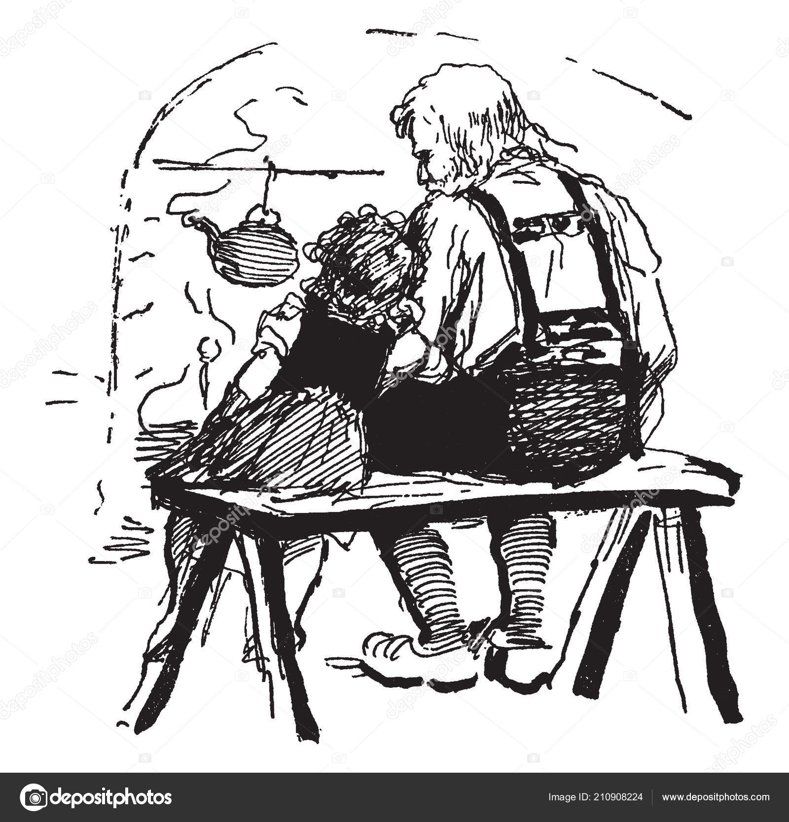 Man Little Girl Sitting Fireplace Kettle Fire Vintage Line Drawing