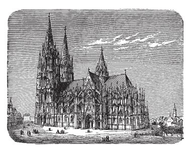 A Southern View of the Cathedral of Cologne in Germany,  reliquary of the Three Kings, based largely on the Amiens Cathedral, the cathedral's enormous Germanic spires are visible, vintage line drawing or engraving illustration. clipart