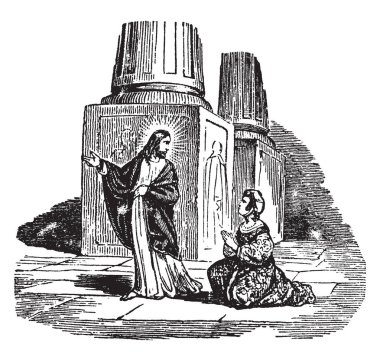 İsa o kadın gönderir ve onu herhangi bir günah şimdi yapmamaya, vintage çizgi çizme veya oyma illüstrasyon diyor.