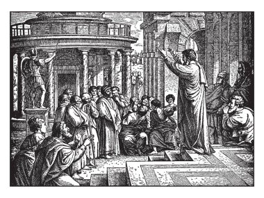 Bu resimde Stephen taşlanarak gösterir. Bir melek ona uçuyor. O cennete benziyor. Birkaç adam taş onların el, vintage çizgi çizme veya oyma illüstrasyon tutun.