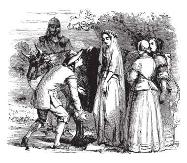 Genç bir kadın, diğer iki kadın ve onları, vintage çizim duran veya illüstrasyon oyma adam yardımcı olmak genç bir adam stoops