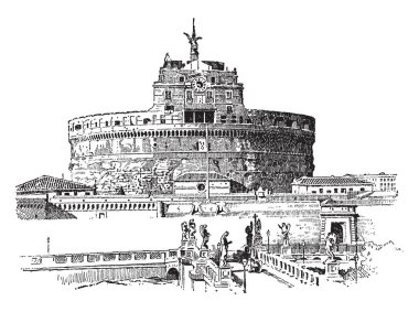 Hadrian'ın mezarı, Roman Emperor Hadrian, Roma, Roma Katolik mimarisi, vintage çizgi çizme veya oyma illüstrasyon.