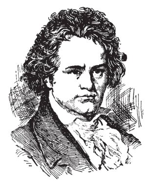 Ludwig van Beethoven, 1770-1827, he was a German composer and pianist, famous for his compositions 9 symphonies, 5 piano concertos, 1 violin concerto, 32 piano sonatas, 16 string quartets, vintage line drawing or engraving illustration