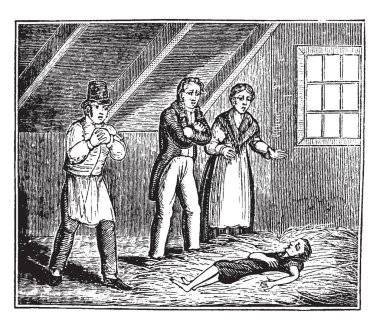 Bir adam düşmüş üzerinde zemin, diğer iki erkek ve kadın ona bakarak, vintage hat çizim veya gravür illüstrasyon