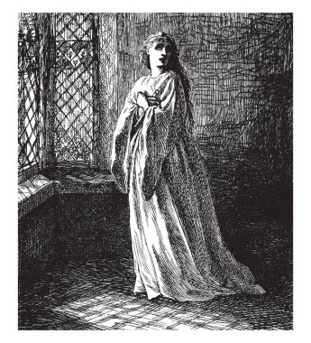 Hançer ayakta pencere, vintage çizgi çizme veya oyma illüstrasyon yakınındaki bir kadınla